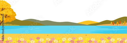 Autumn riverside landscape with cosmos flowers flat vector illustration
