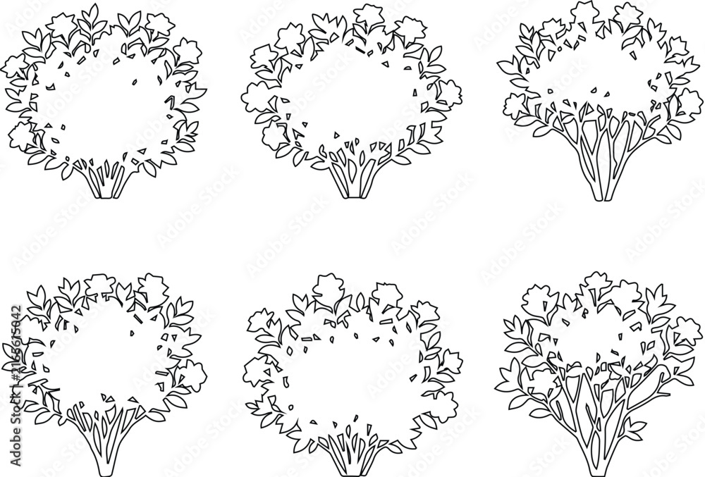Fototapeta premium Detailed Foliage Wreath Circle Plan Vector Set, Architectural Landscape Lush Crown Outline Clipart, Site Plan Botanical Ring Design Bundle