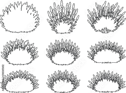 Spiky Ornamental Grass Plan Symbol Vector Set, Architectural Landscape Top View Rush Plant Outline Clipart, Site Design Grass Clump Bundle