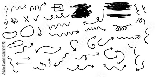 Collection of hand drawn arrows and doodle elements isolated on a white background for creative design projects