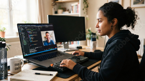Software developer woman types code on laptop during remote meeting with colleague via video screen.