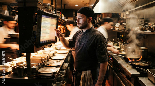 Professional chef taps digital tablet screen to manage restaurant food orders inside busy commercial kitchen.