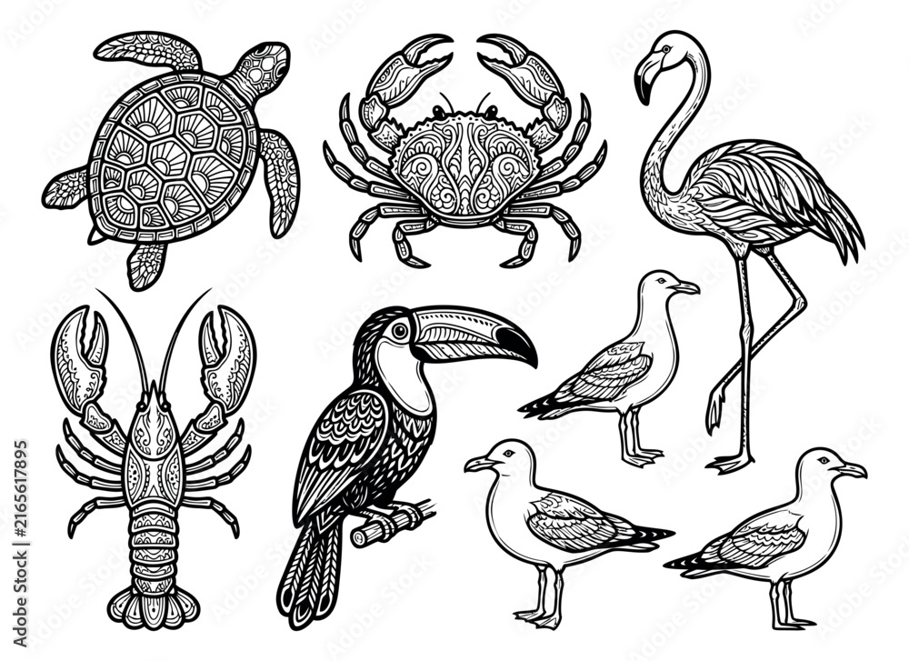 Naklejka premium Engraving icon set of tropical and coastal animals featuring turtle, crab, flamingo, lobster, toucan and seagull for nature design