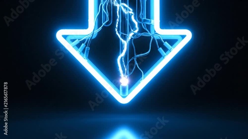 Blue Neon Arrow Pointing Down in Futuristic Dark Studio