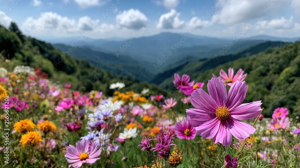 Fototapeta premium Colorful wildflower meadow overlooking majestic distant mountains