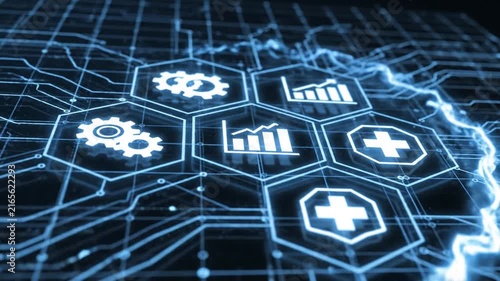 Abstract Grid Network Visuals with Glowing Nodes in Dim Blue Setting
