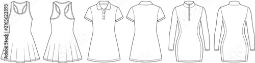 Set of Sporty Active Dresses technical fashion illustration with racerback, polo collar, zip-up front, mini length. Flat apparel front back view. Women fashion CAD mockup template