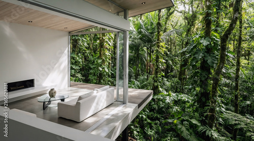 Modern Interior Space with Large Windows Greenery and Natural Light
