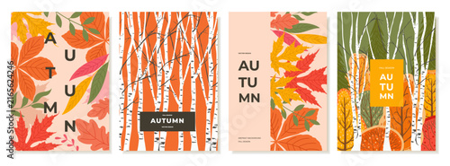 Set of autumn sale cards, flyers, post advertisements, and invitations. Abstract design of autumn leaves, a forest with colorful trees and birch trees. Vector templates.