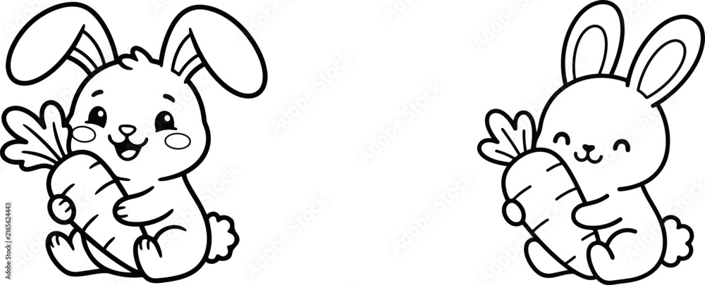 Obraz premium Two cute cartoon bunnies holding carrots in a simple black and white line art style for children coloring pages