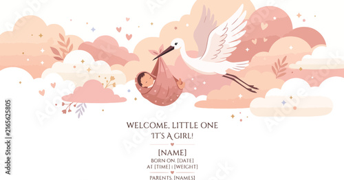 Cute stork carrying newborn baby girl in bundle flying across pink clouds for birth announcement