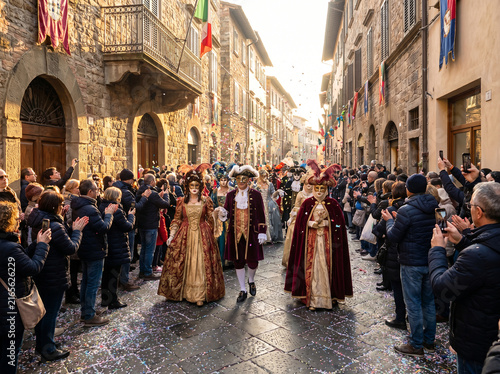Grand Venetian Masquerade Parade on Historic Italian Street