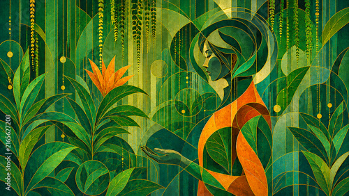 Elegant woman meditating in an abstract tropical garden in shades of green and gold.