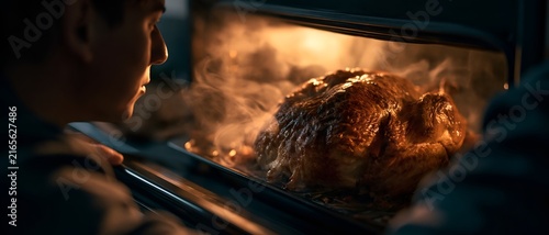Close-up of roasted chicken inside oven, steam rising