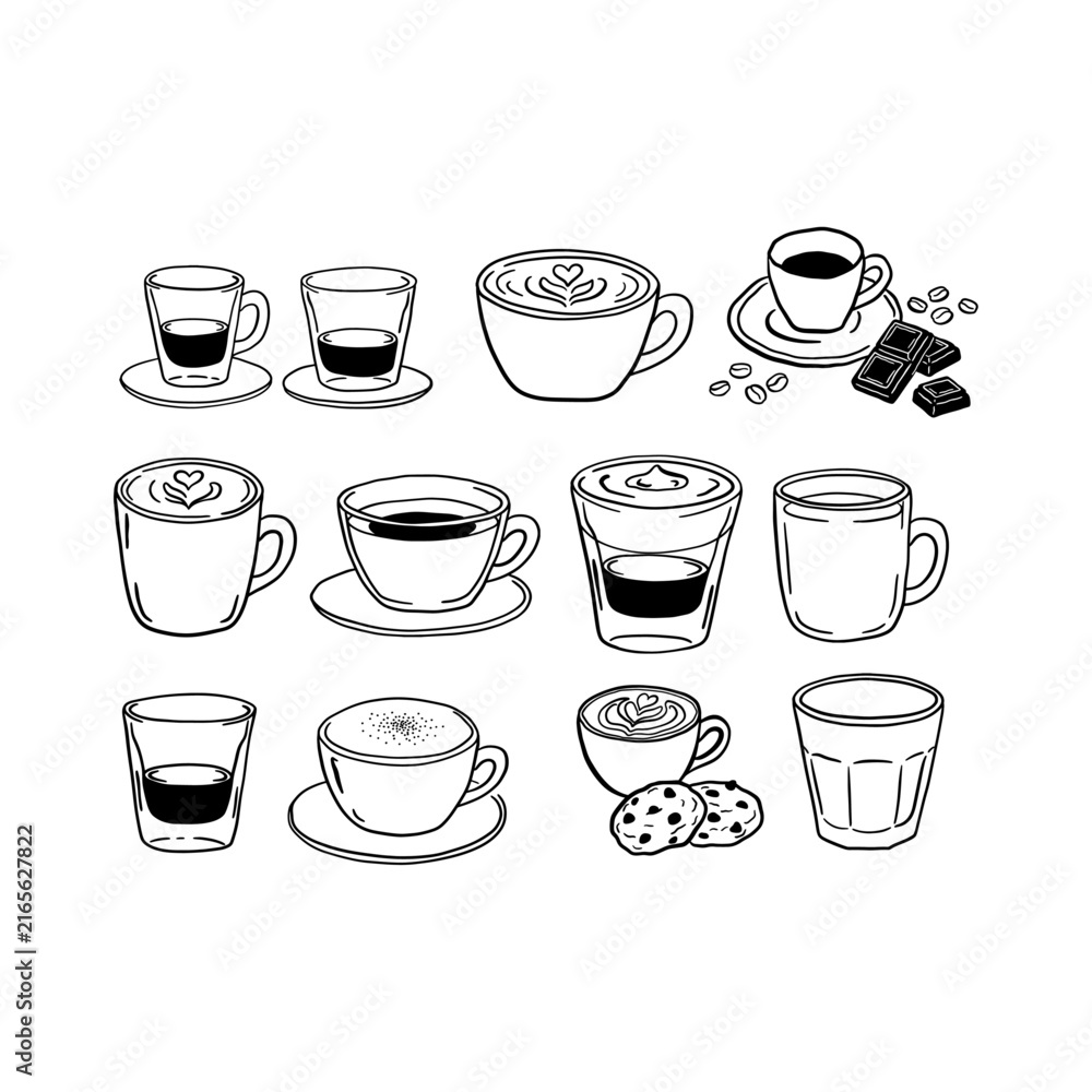 Fototapeta premium Coffee cups and mugs varieties doodle set, line art cafe menu elements 