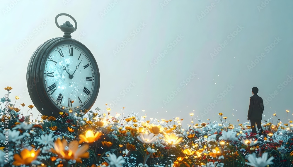 Fototapeta premium Surreal Dreamscape with a Giant Vintage Pocket Watch in a Field of Glowing Flowers and a Lone Silhouette Under a Misty Sky with Copy Space