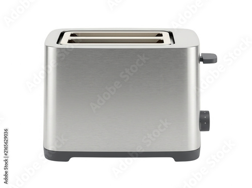 Moderner Edelstahl Toaster für zwei Scheiben Brot isoliert auf weißem Hintergrund für die Küchenausstattung und das Frühstücksdesign