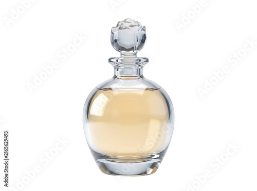 Eine elegante, runde Parfümflasche aus klarem Glas mit einem dekorativen blütenförmigen Verschluss, gefüllt mit einer goldenen Duftessenz, isoliert vor einem weißen Hintergrund.