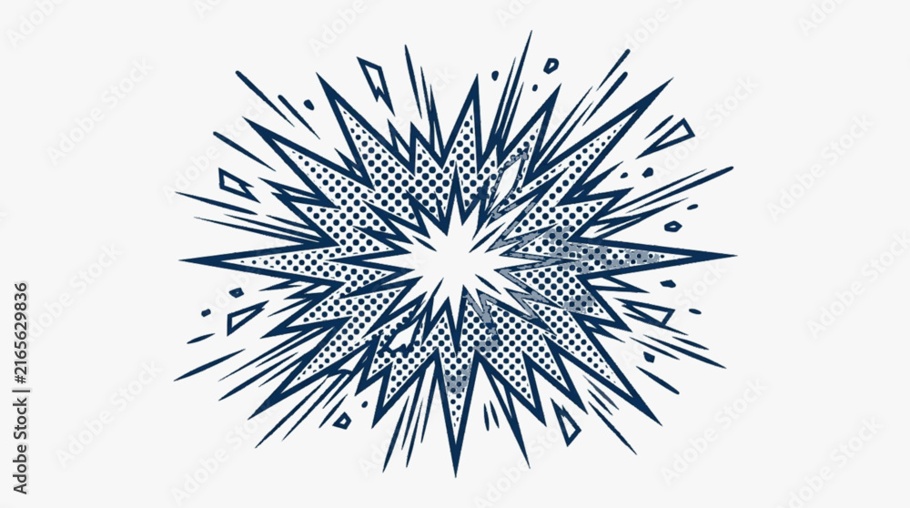 Fototapeta premium Comic book style explosion burst with halftone dot pattern and sharp radial rays isolated on a white background. Blue and white retro pop art starburst design for design elements.
