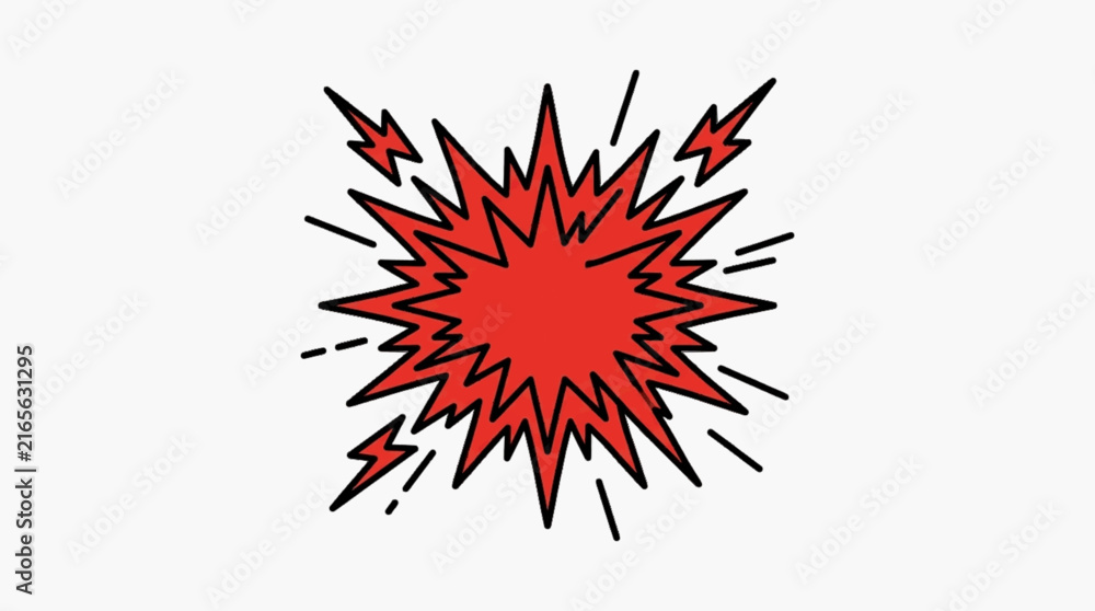 Obraz premium Red comic book explosion burst with black outlines and motion lines isolated on white background. Retro pop art speech bubble vector illustration for graphic design and cartoon impact.