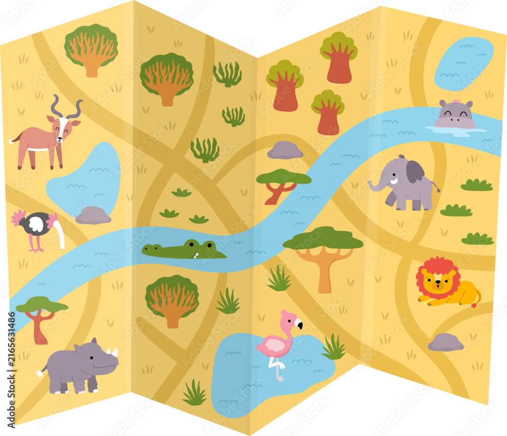 Naklejka premium Safari map icon isolated on white background. Cartoon African savanna plan with animals, trees, water. Nature savannah guide. Safari wildlife card with roads, lake, cliff, baobabs, elephant, lion