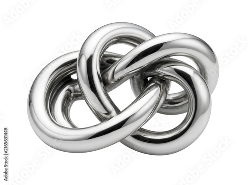 Ein glänzender, abstrakter Knoten aus poliertem Chrommetall, der als elegantes Symbol für Verbundenheit, Komplexität und moderne Designästhetik auf weißem Hintergrund isoliert ist.