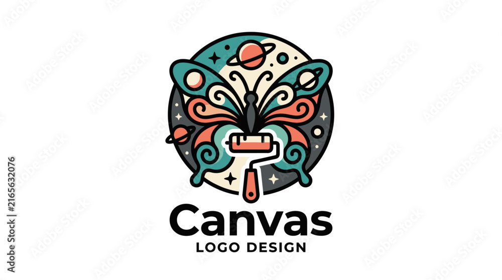 Fototapeta premium Creative butterfly logo design with a paint roller and celestial space elements.