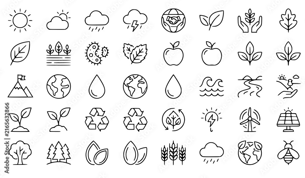 Fototapeta premium Nature Weather Ecology Organic Food and Sustainable Living Linear Vector Icons