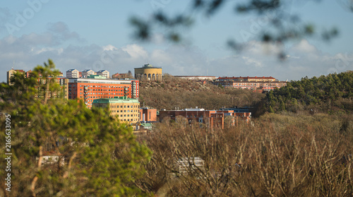 фотографія City skyline with historic water tower on hilltop above forest.