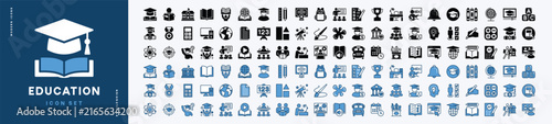 Education icon vector set. Contains learning, school, book, study, online, student, cognition, graduation, e-learning, training, knowledge, workshop, technology, college, teacher, calculator for web