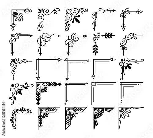 Minimalist black linear corner ornaments for modern geometric graphic layout designs.