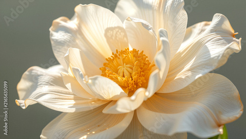 Close-up of a delicate white lotus flower with a bright yellow center.