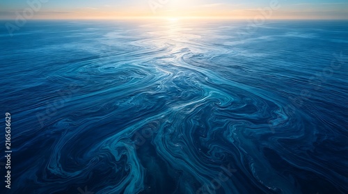 Aerial view of swirling ocean currents and deep blue water patterns reflecting the golden light of a sunrise or sunset over the vast open sea