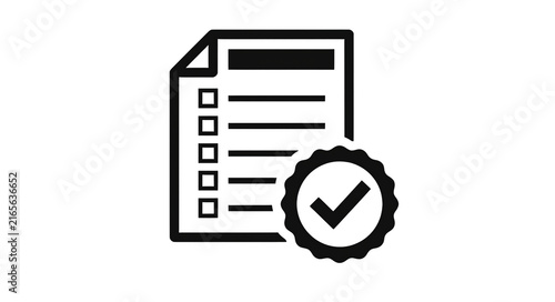 Flat black pictogram of a certification document with a prominent circular approval badge containing a checkmark
