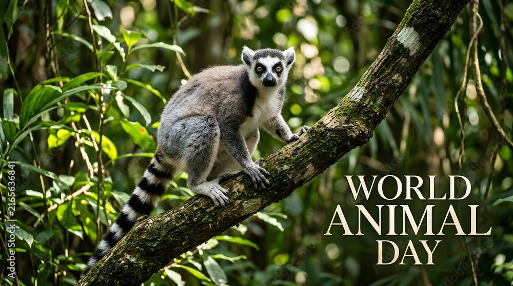 Naklejka premium Ring-tailed lemur perched on tree branch in lush jungle forest for World Animal Day celebration.