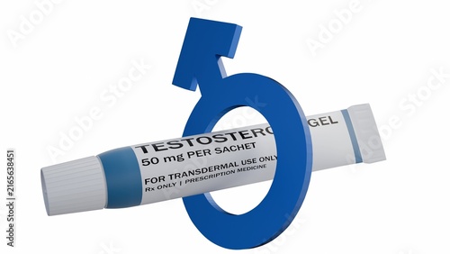 Bild auf Leinwand A 3d packet of topical testosterone gel and a male gender symbol