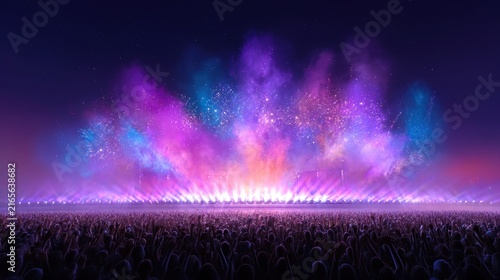 Vibrant fireworks explode over a massive crowd at a nighttime outdoor concert event