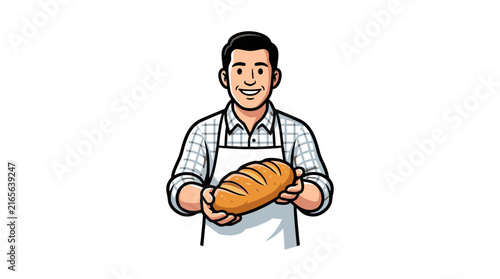 Smiling male baker holding fresh loaf of bread.