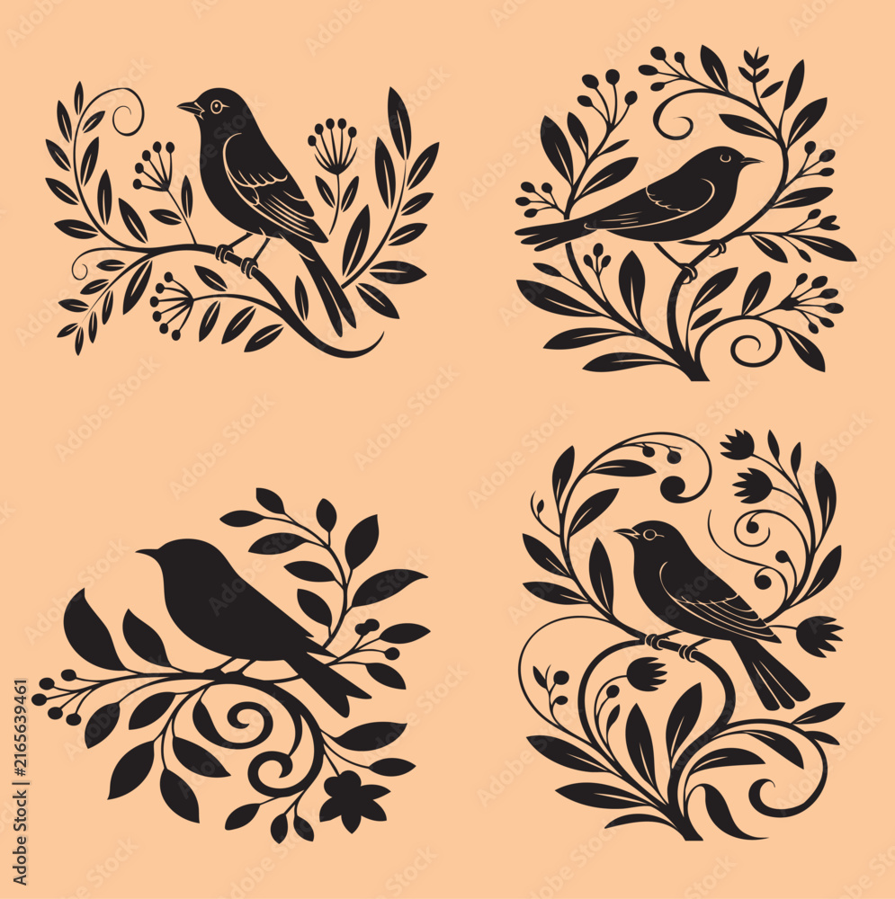 Fototapeta premium Elegant Bird and Botanical Floral Ornament Vector Set
