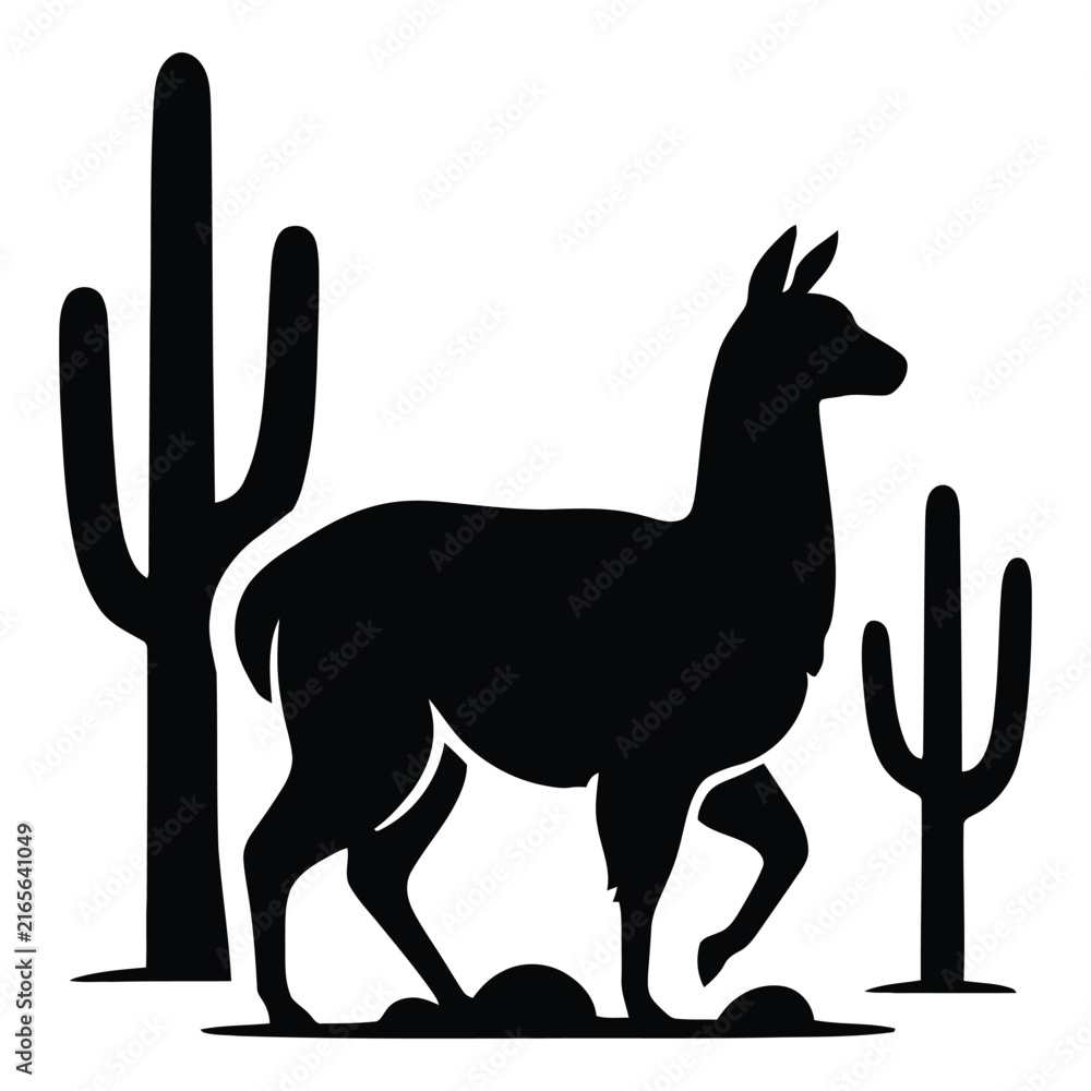 Naklejka premium Llama stands near saguaro and prickly pear cacti a black silhouette