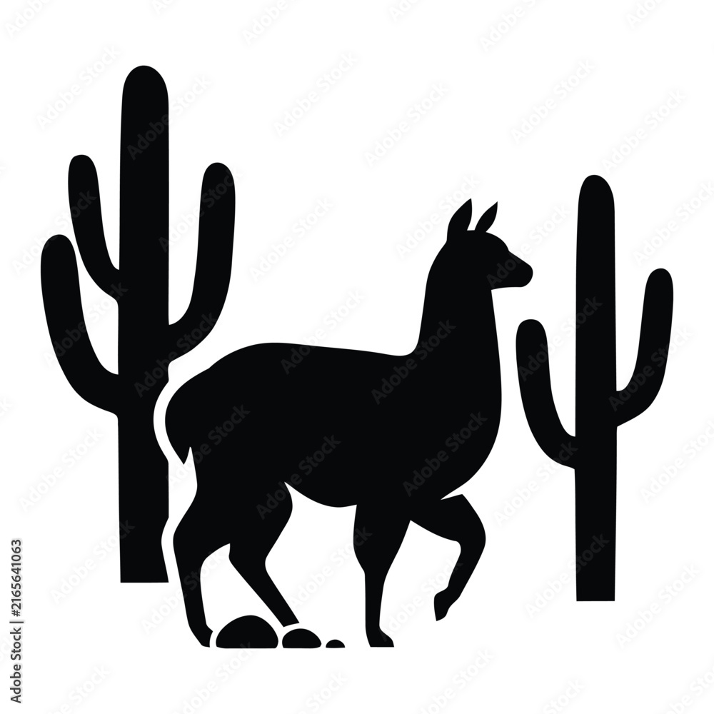 Fototapeta premium A deer stands near saguaro cacti in a stark black silhouette