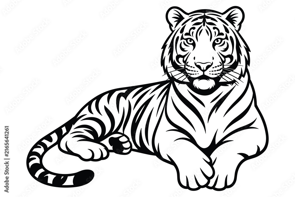 Fototapeta premium Resting tiger illustration with bold black and white silhouette