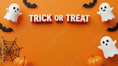 Obraz na płótnie Festive halloween flat lay with ghosts pumpkins bats and trick or treat lettering
