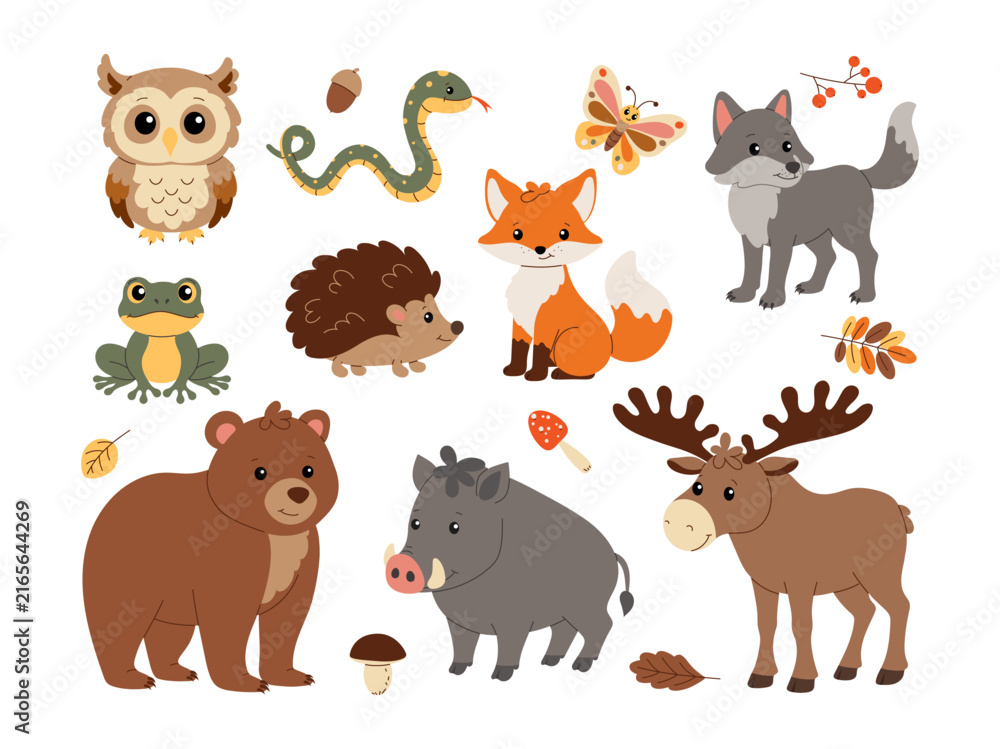 Fototapeta premium Cute forest animals. Isolated flat vector illustrations. Set.