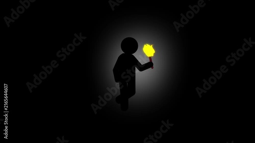 Pictogram Man walking with glowing torch in dark icon animation, finding solution exploration concept animation.