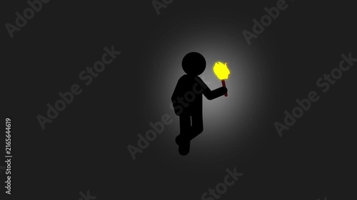 Pictogram Man walking with glowing torch in dark icon animation, finding solution exploration concept animation.