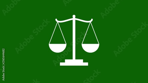 Justice scale balance icon animation, legal court law judgment icon animation on white background.