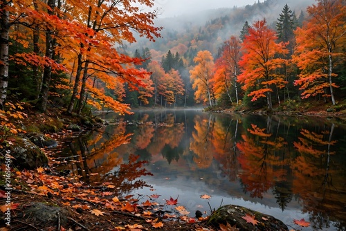 Autumn forest lake reflection vibrant foliage