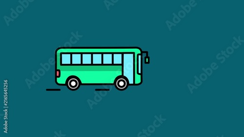 Green public bus line icon moving animation, Colorful city passenger transport vehicle driving on the road.