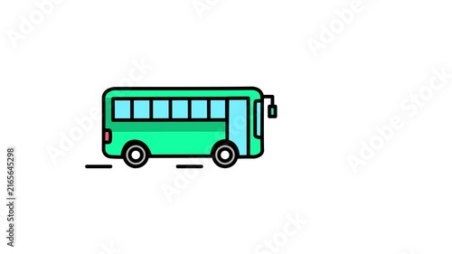 Green public bus line icon moving animation, Colorful city passenger transport vehicle driving on the road.